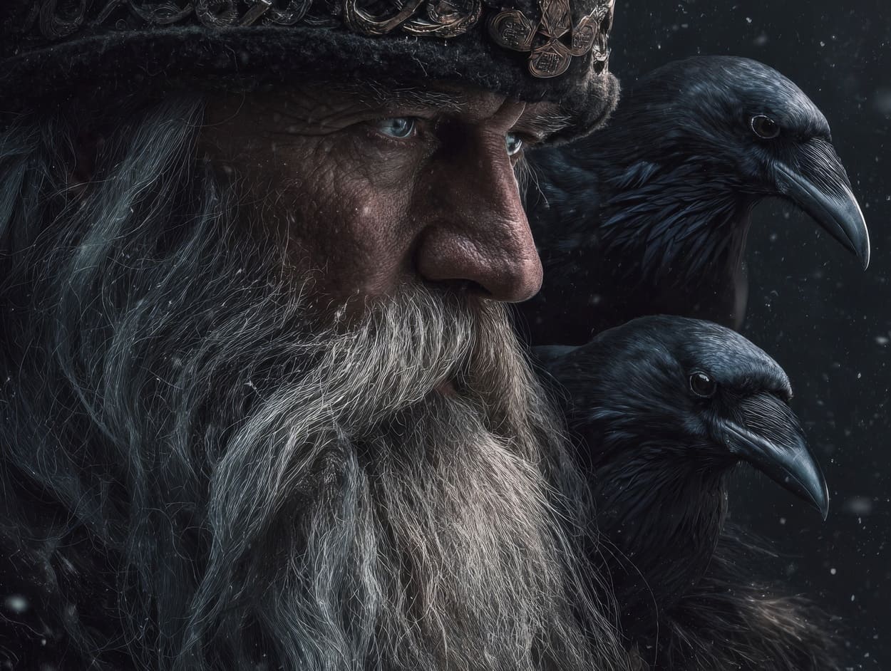 Tenture Murale Dieu Odin et Hugin et Munin