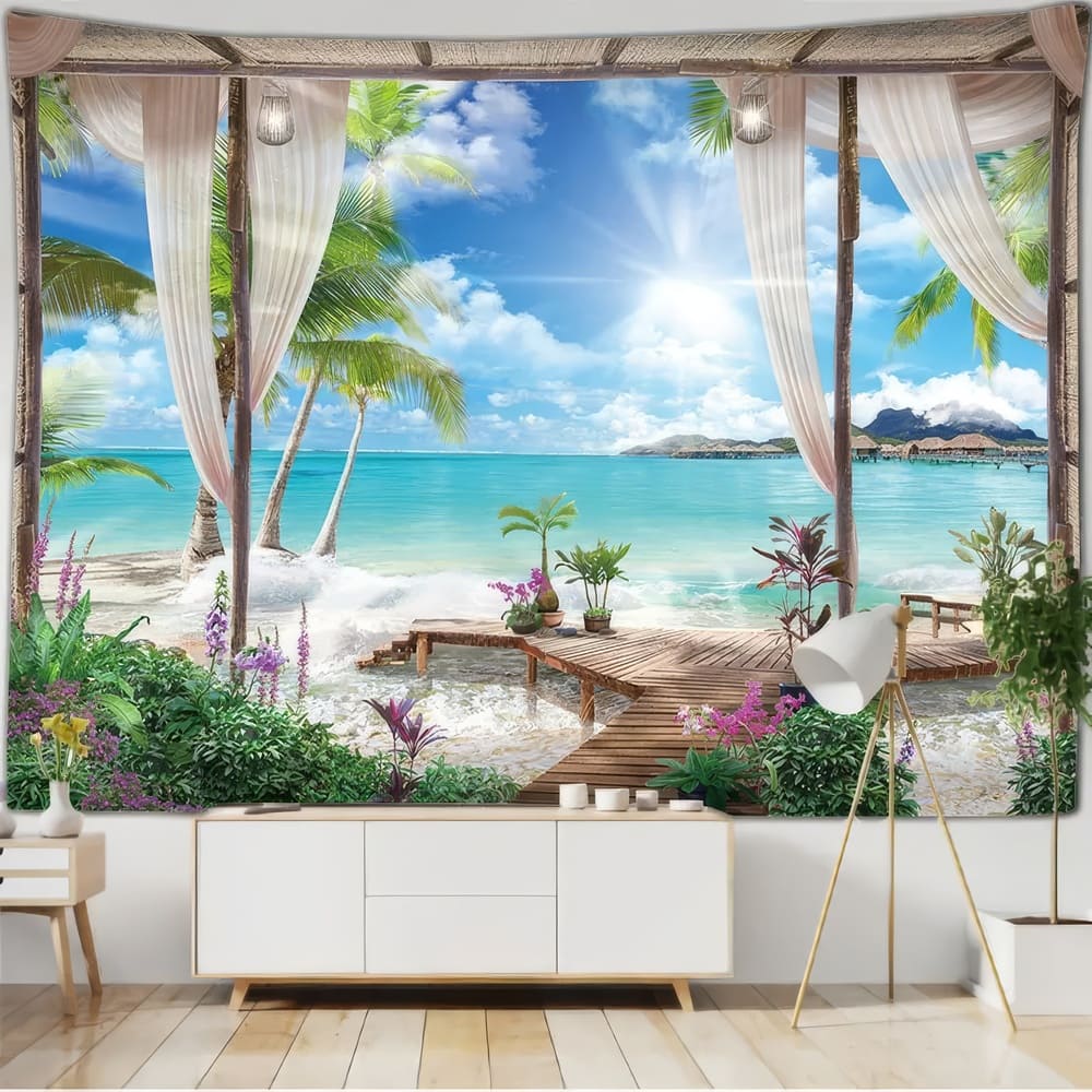 Tenture Murale Bord de Mer Paradisiaque Trompe l'Œil