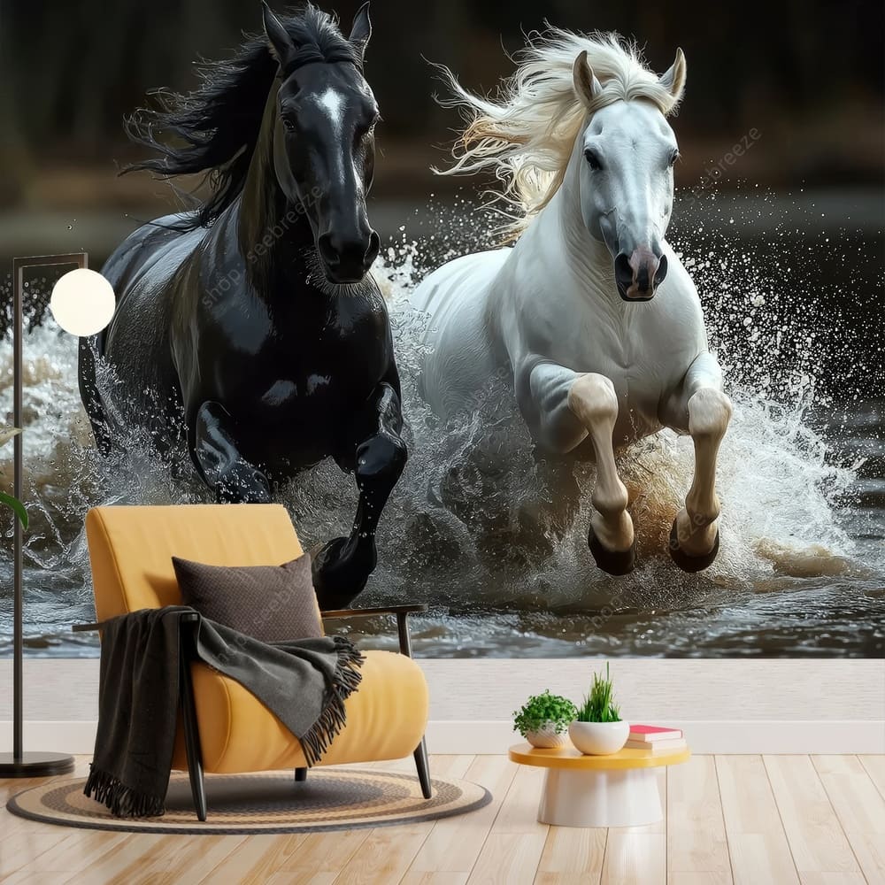 Tenture Murale Chevaux Noir et Blanc dans l'Eau