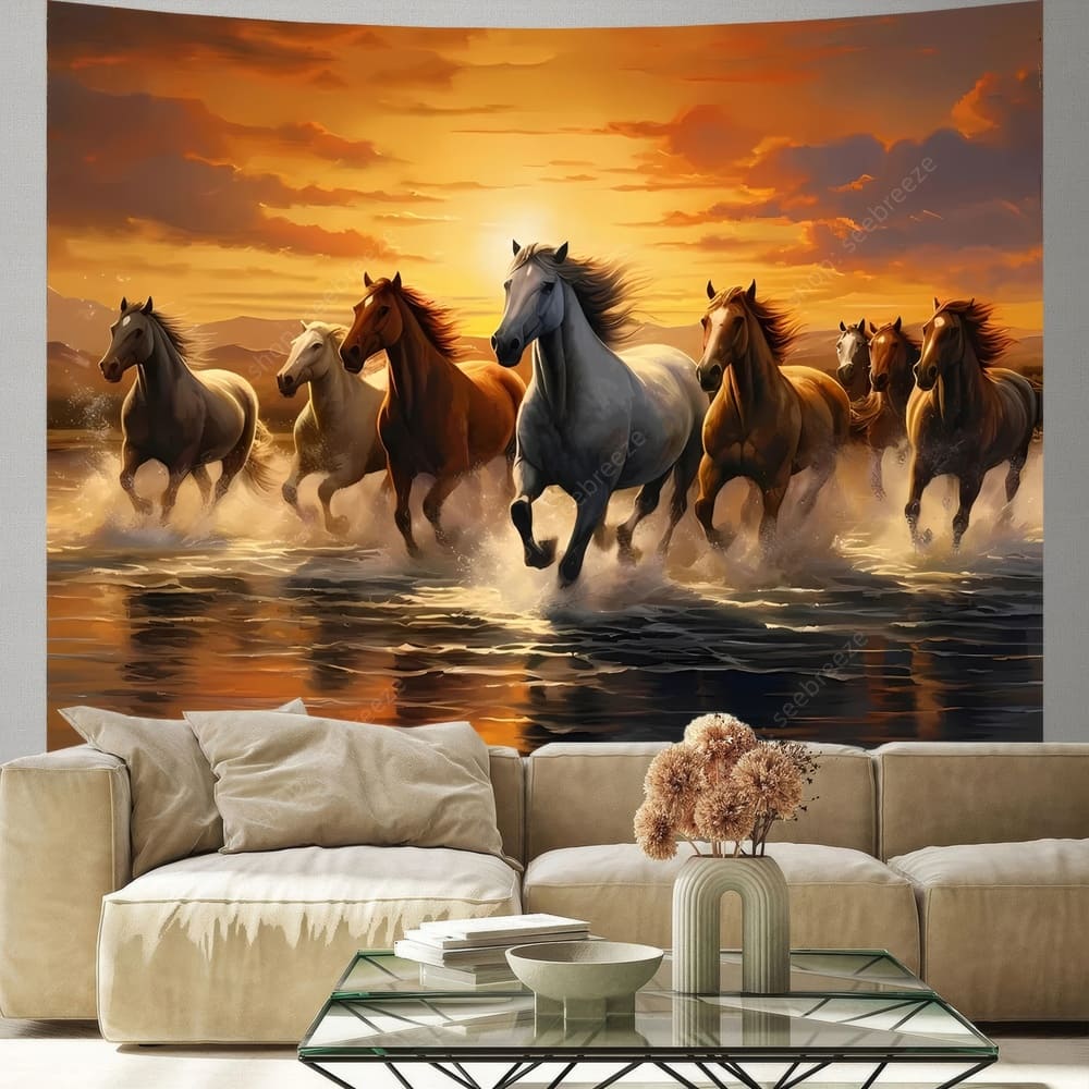 Tenture Murale Chevaux Couché de Soleil en Mer