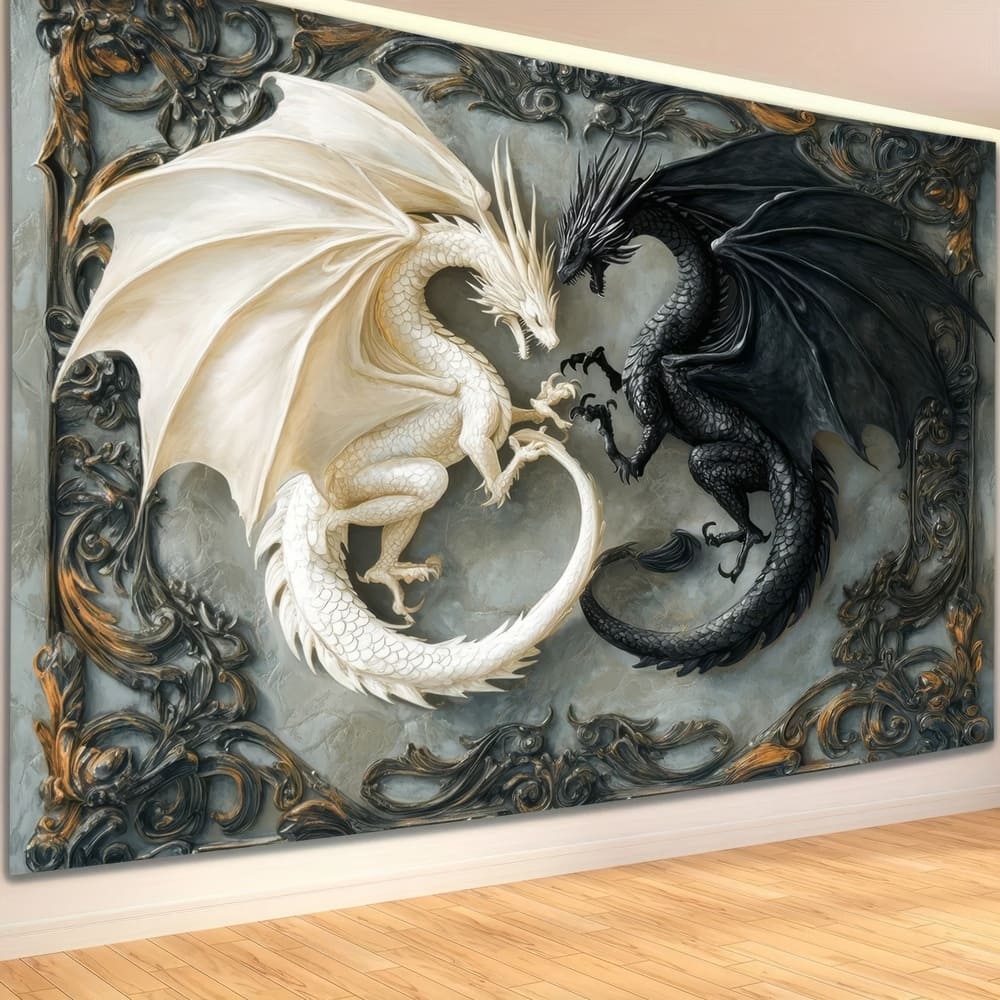 Tenture Murale Couple Dragon Noir et Blanc