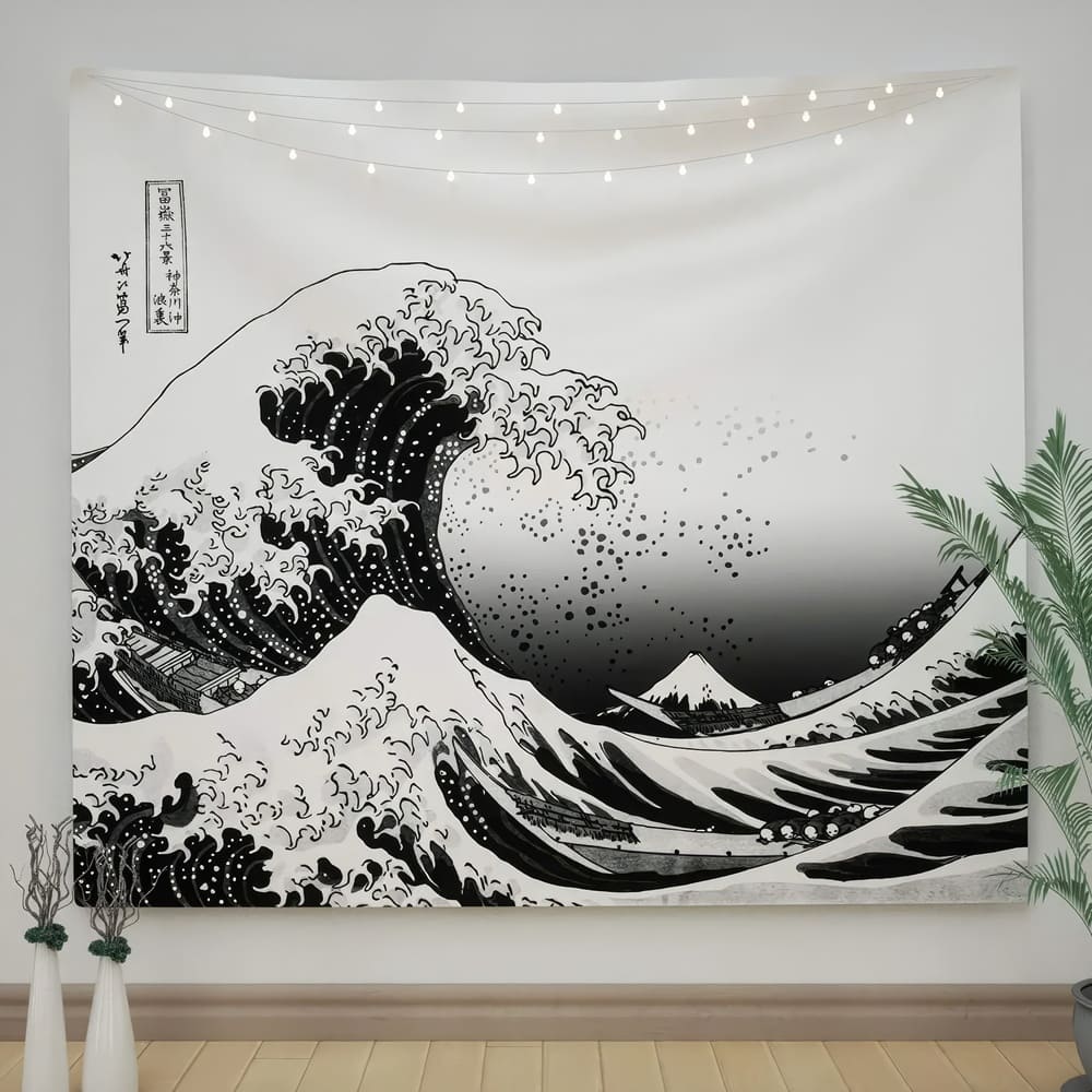 Tenture Murale Grande Vague Japonaise Noir et Blanc