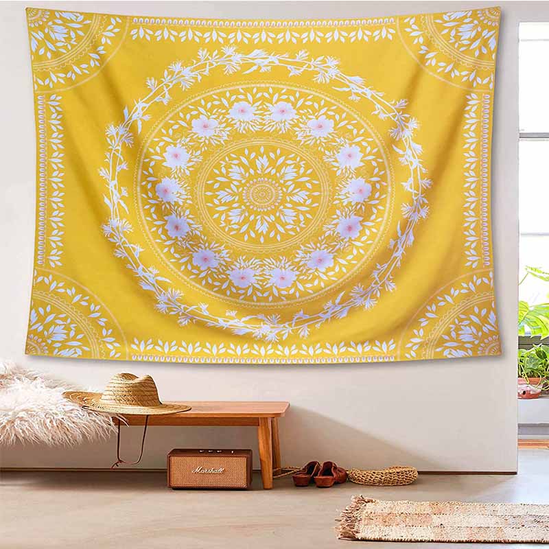 Tenture Murale Mandala Jaune à Fleurs