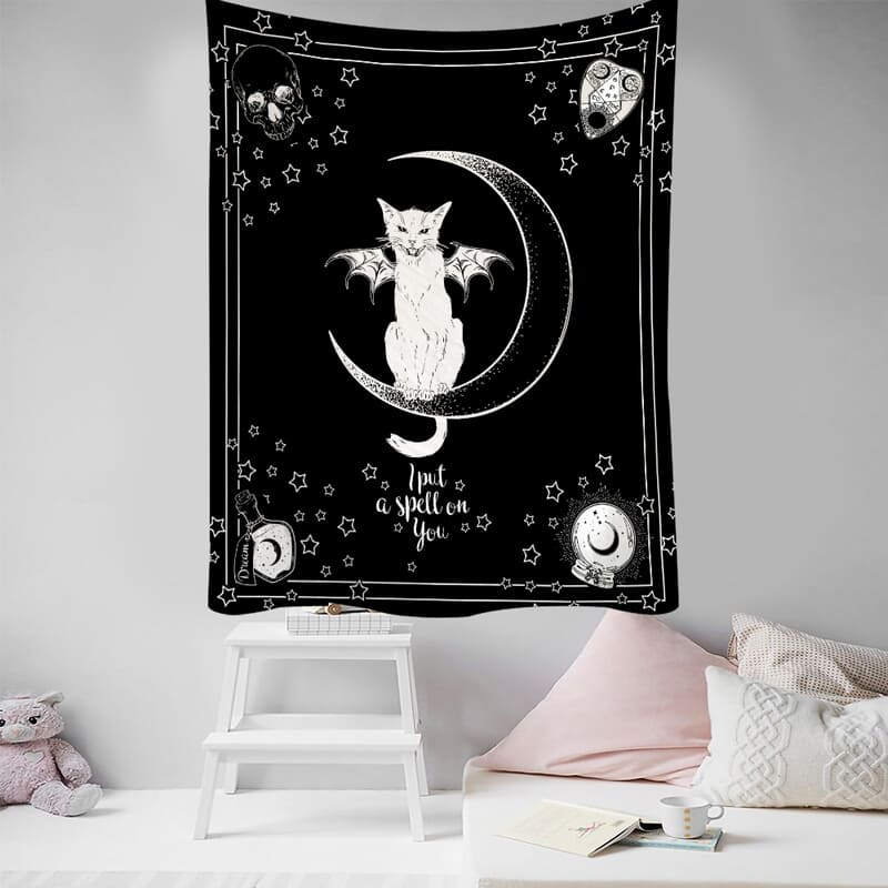 Tenture Murale Chat et Lune Noir et Blanc