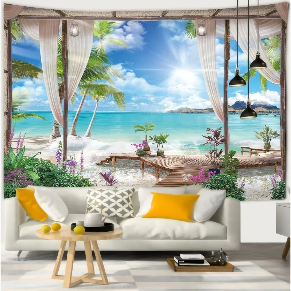 Tenture Murale Bord de Mer Paradisiaque Trompe l'Œil