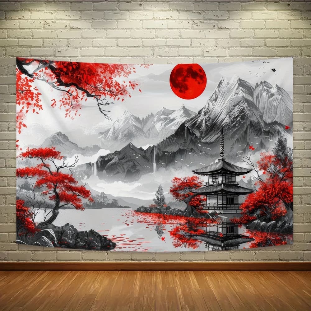 Tenture Murale Paysage Japonais Noir Blanc et Rouge