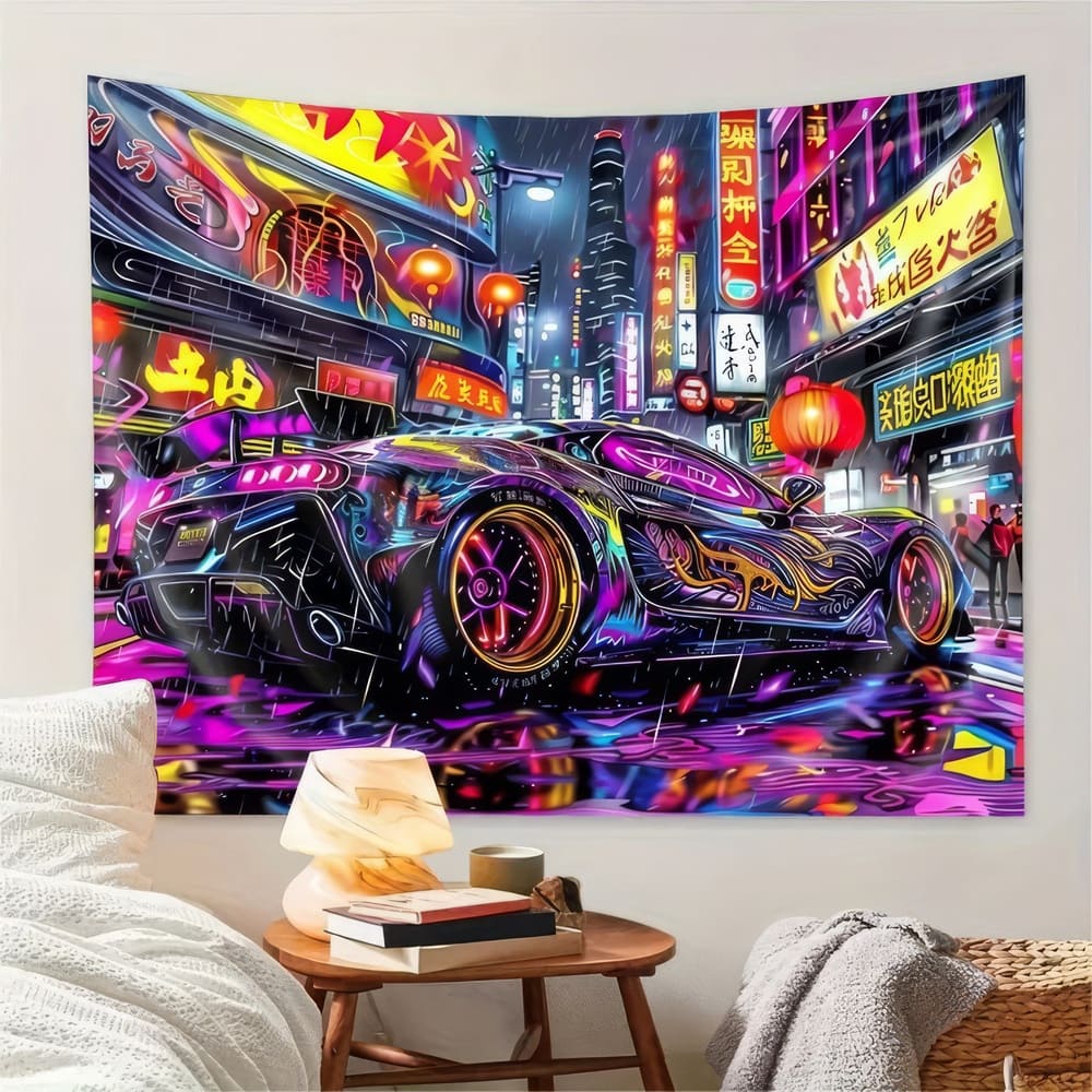 Tenture Murale Bolide Futuriste Multicolore Néon Japon