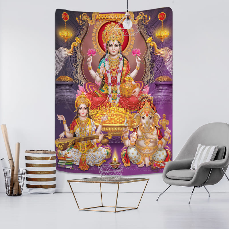 Tenture Fleurs de lotus, l'Éléphant Ganesh et la Déesse Hindou Devi