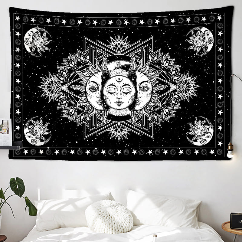 Tenture Murale Noire Et Blanche Mandala et Lune