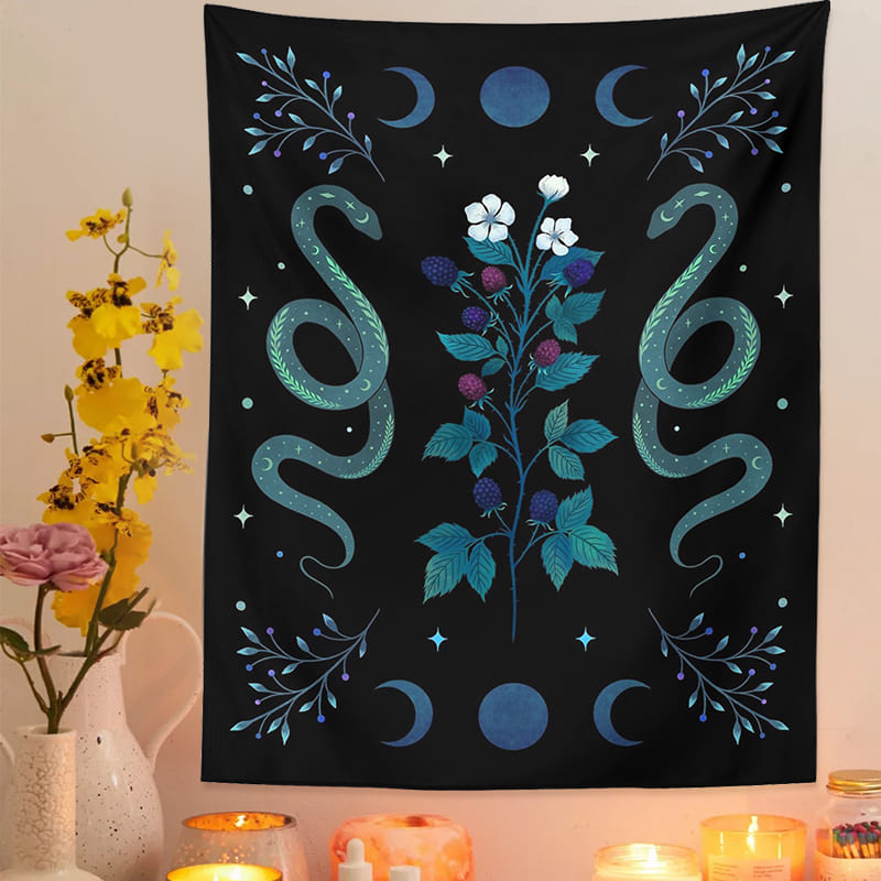 Tenture Murale Serpent Fleurs et Lunes