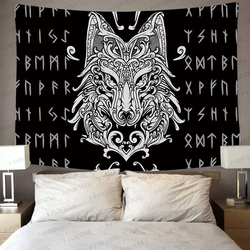 Tenture Murale Boho Viking Nordique - Fenrir Le Loup, Dragon Et Nœuds Celtes Mystiques - Décoration Hippie Tendance Pour Chambre Ou Salon (150x130 Cm, Blanc)